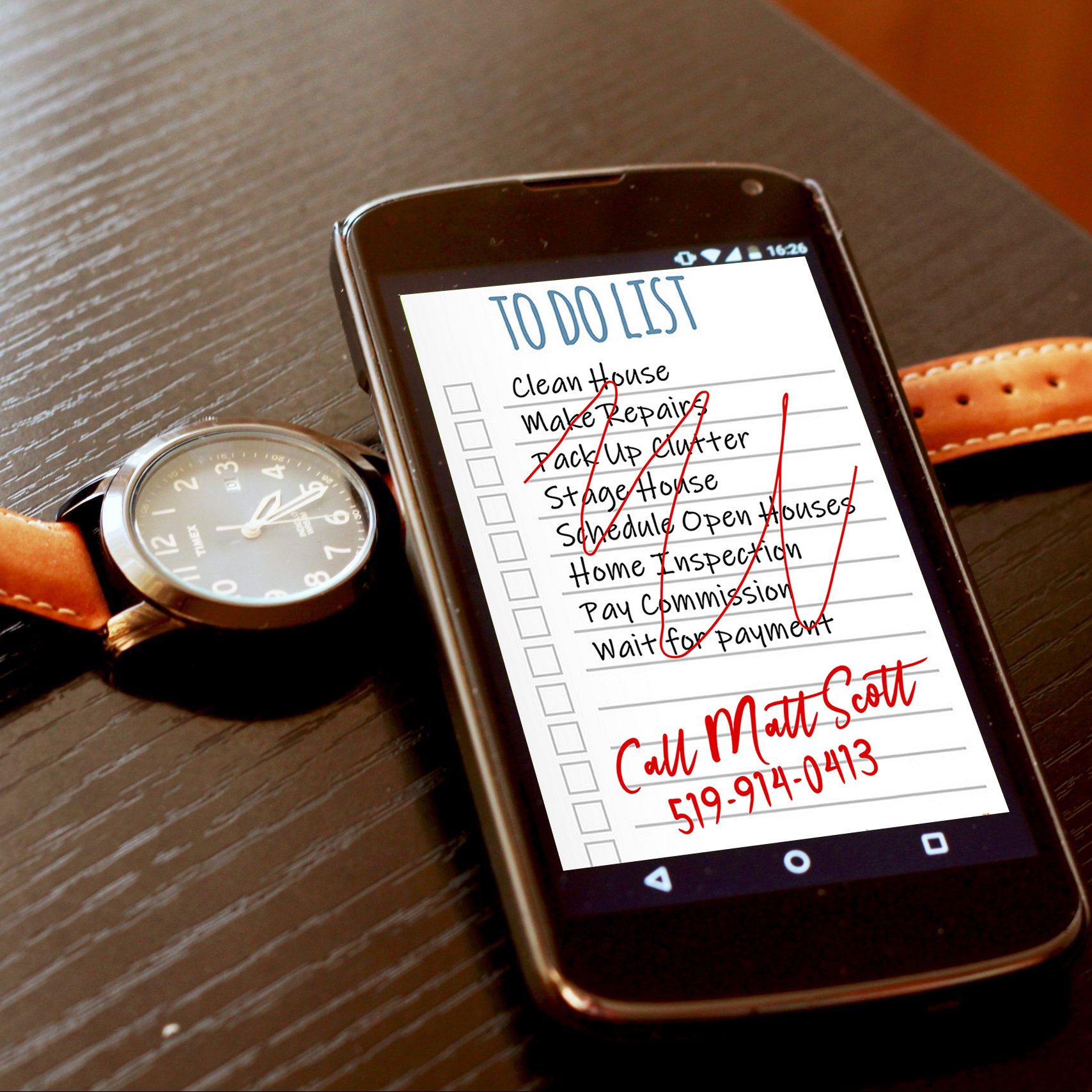 Time Consuming to do list. Cell Phone with to-do list and Matt's contact info. Beside watch