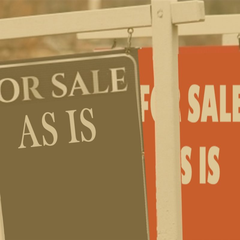 Collection of as is property sale real estate signs in different colours