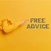 Faceless person breaks arm through paper yellow wall indicates on right at words "FREE ADVICE"